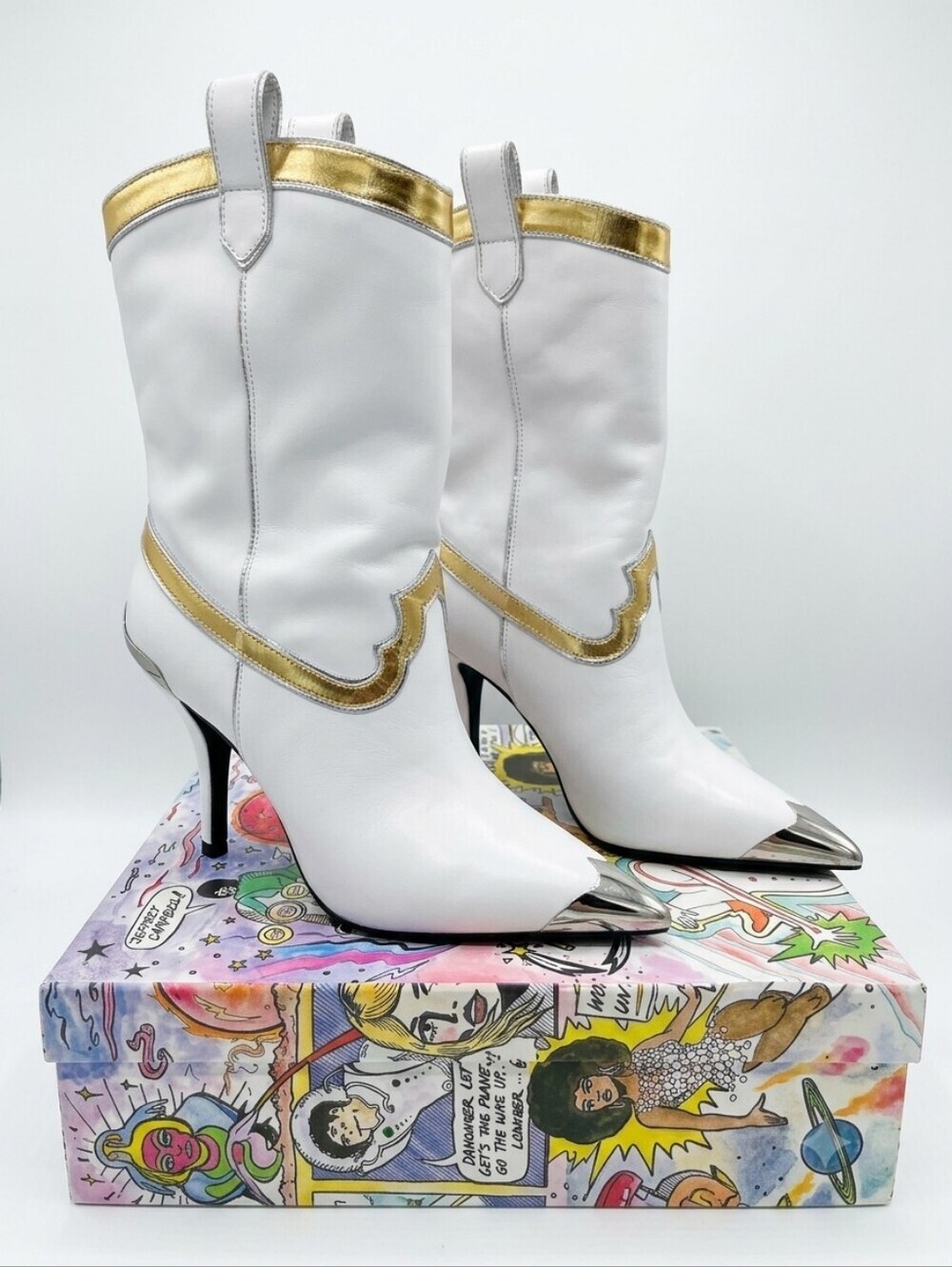 Jeffrey Campbell White and Gold Mid-Calf Heeled Cowboy Boots Size 8